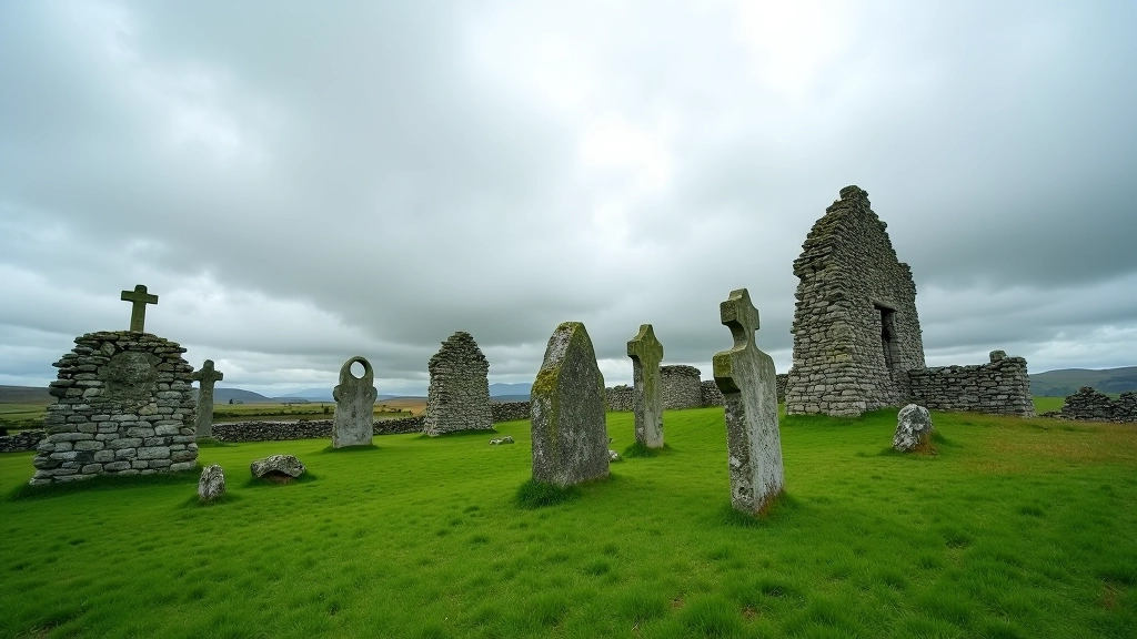 Ancient stone monastic ruins with Celtic crosses standing against cloudy Irish sky, green landscape surrounding