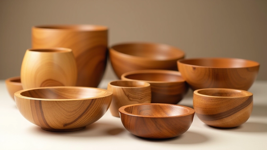 Array of handcrafted wooden bowls and turned vessels in various natural wood finishes