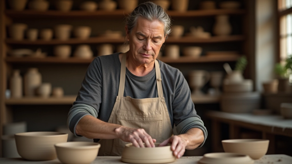 Hands of artisan potter working with clay on a pottery wheel in a sunlit studio