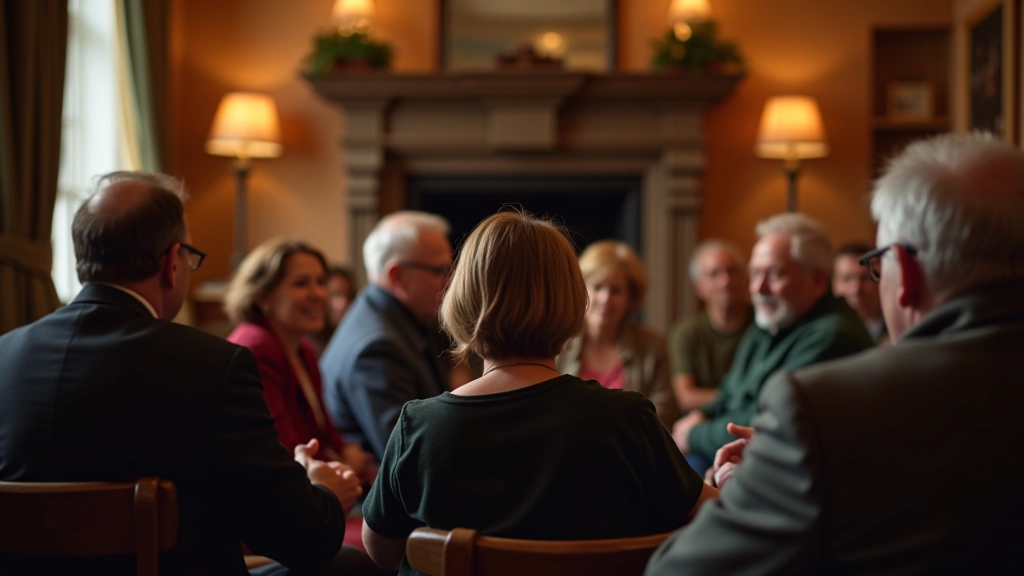 Wide view of community gathering space with multiple people of different ages seated together, warm amber lighting, conversational atmosphere