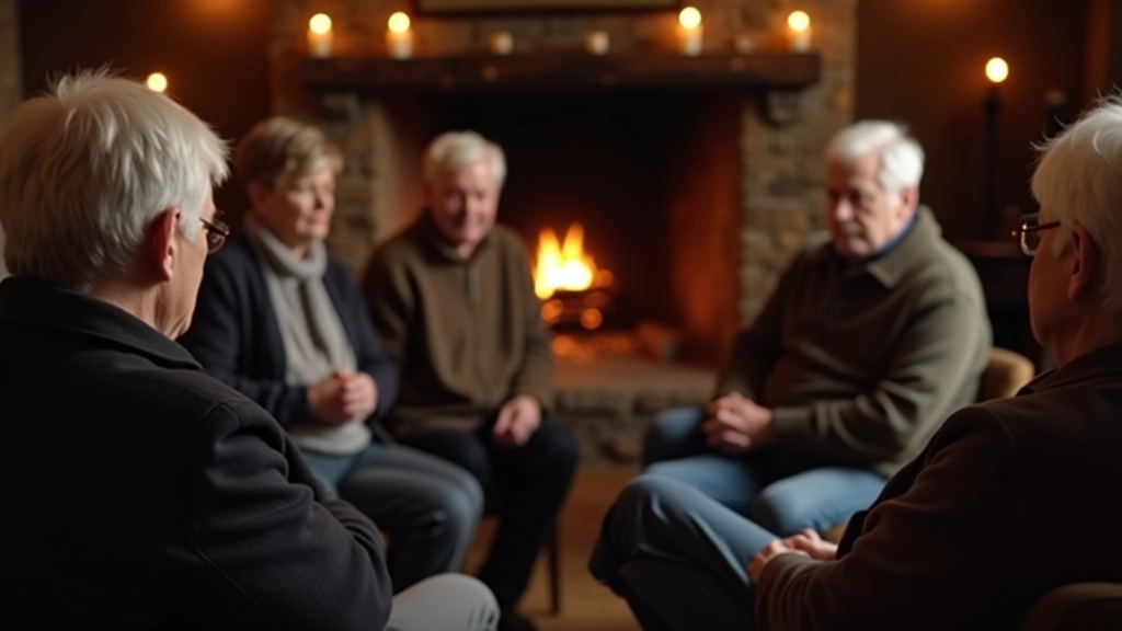 Group of people sitting in a circle in a rustic room, listening intently to a storyteller in traditional Irish setting