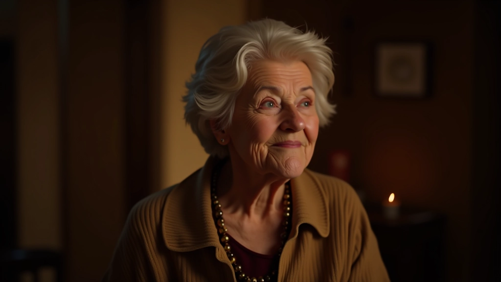 Close-up of elderly woman with warm expression, hands gesturing while speaking, firelight illuminating her face in traditional storytelling moment