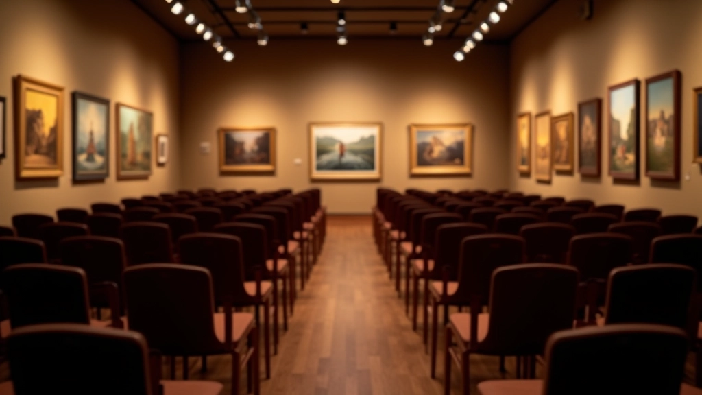Gallery event space with seating arranged for artist talk or public discussion