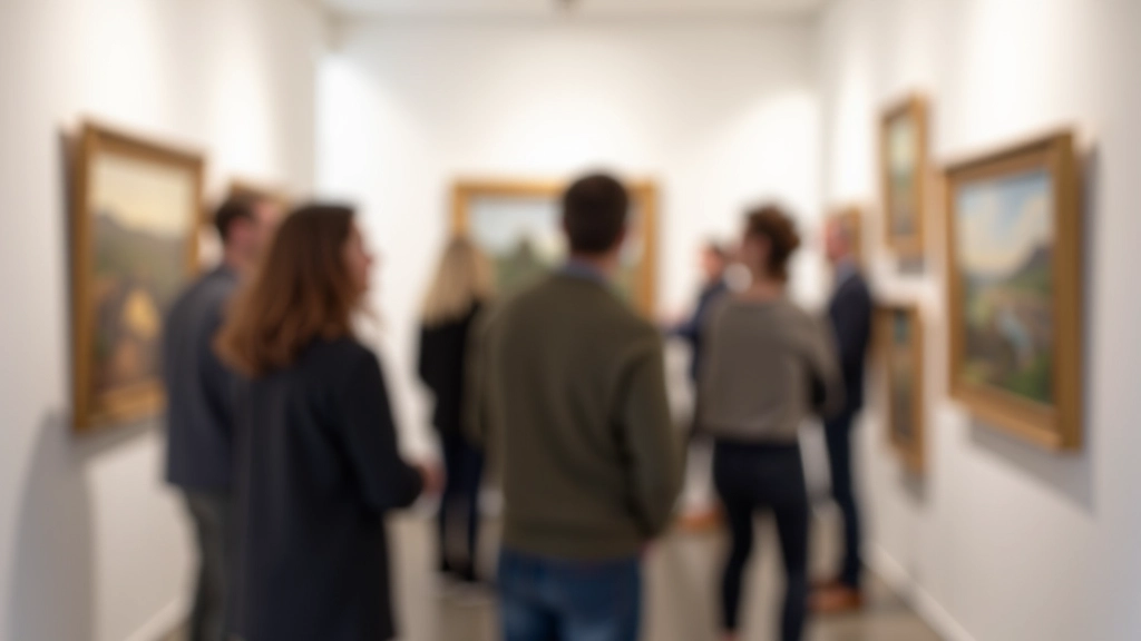 Gallery visitors viewing contemporary artwork in bright white exhibition space