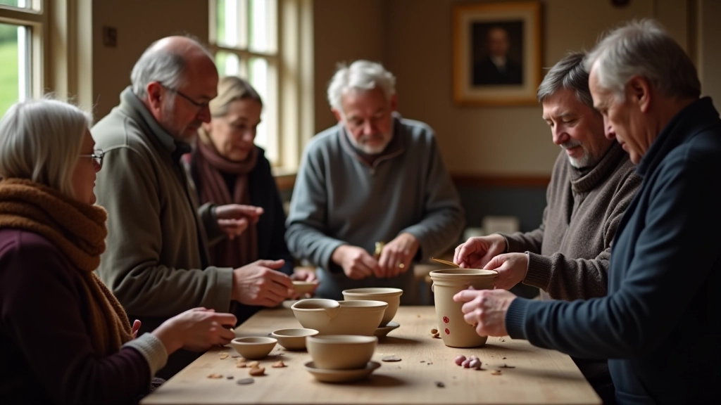 Adults engaged in traditional Irish craft workshop, examining handmade pottery and textiles