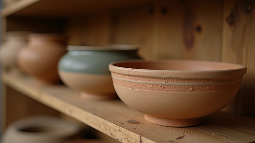Close-up of handmade ceramic bowls and vessels with natural earth tones displayed on wooden shelves