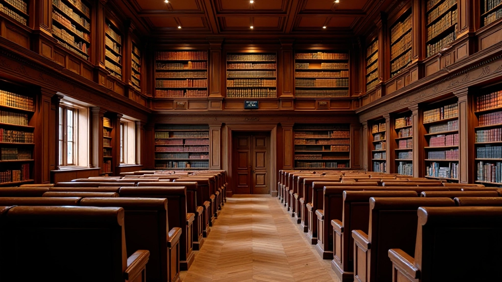 Historic library lecture hall with wooden paneling and rows of comfortable seating