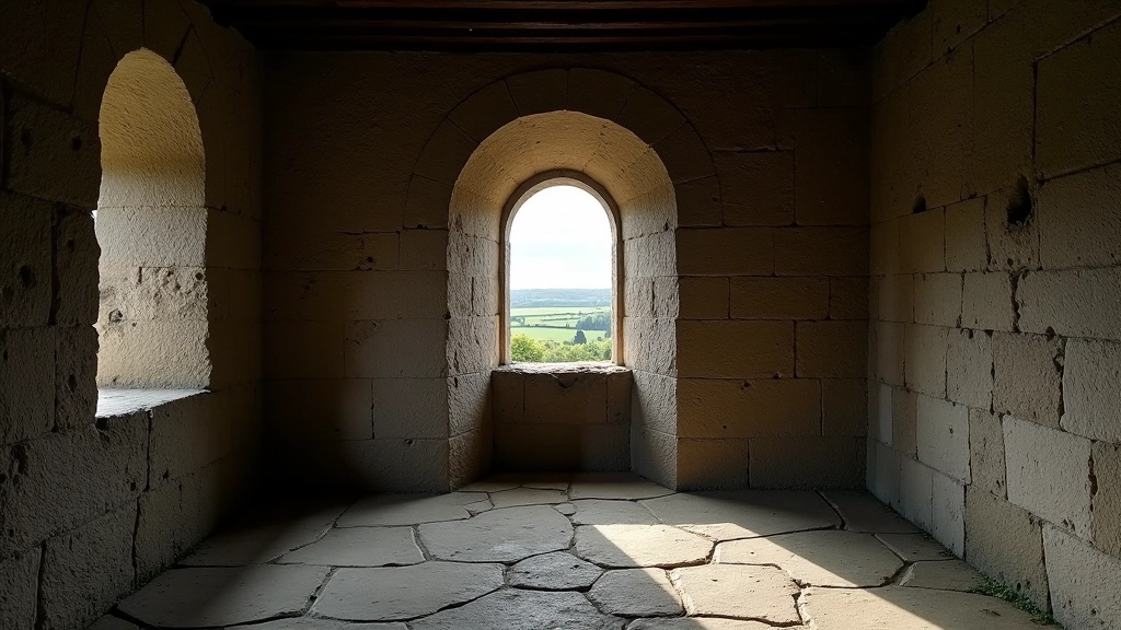 Interior of ancient monastic stone building with arched doorway, weathered walls, and window opening to green landscape