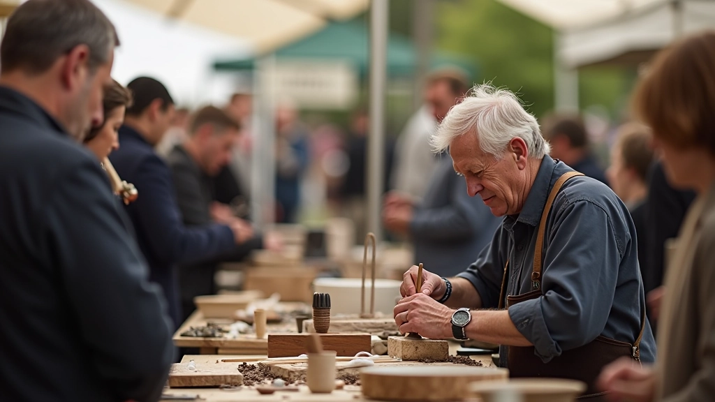 Live pottery demonstration with artisan working at pottery wheel while crowd watches from safe distance