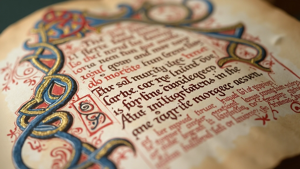 Medieval manuscript page with intricate Celtic knotwork and illuminated letters in gold and blue pigments