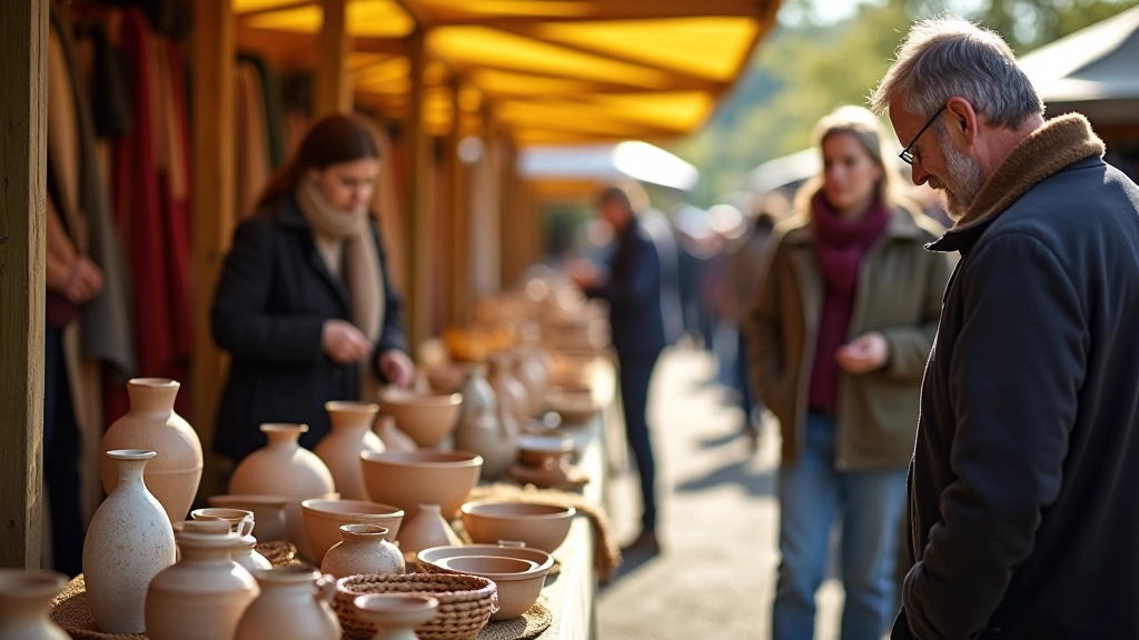 Artisan craft fair with handmade pottery, textiles, and wooden crafts displayed on tables