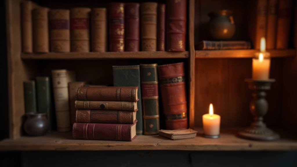 Rustic wooden shelves with old leather-bound books and vintage objects in candlelit library or study room setting