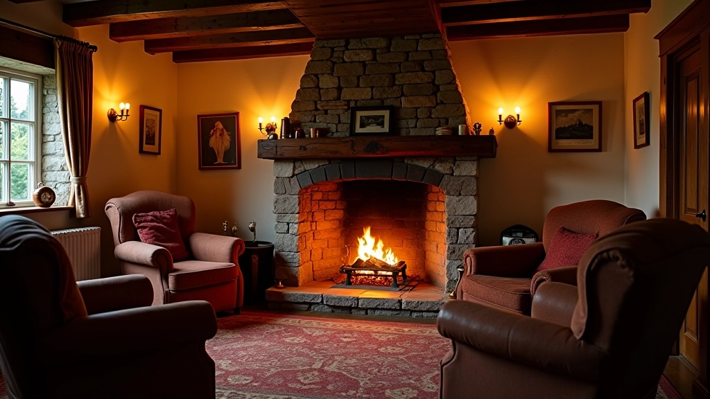 Cozy fireplace setting with armchair and warm lighting for intimate storytelling event