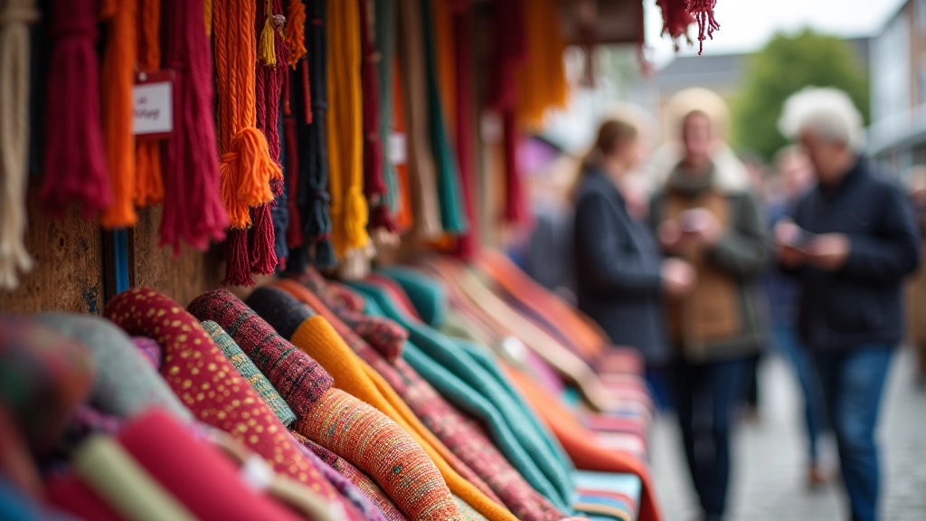 Vibrant market stall with colorful handwoven textiles, scarves, and fabric pieces hanging and displayed
